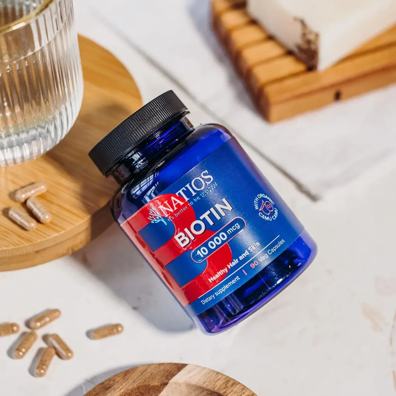 NATIOS Biotin, 10 000 mcg, Extra Strength, 90 veganských kapslí