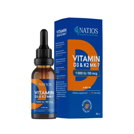 NATIOS Vegan Vitamin D3 & K2 (MK-7), 1000 IU & 50 mcg, Kapky v MCT oleji, 30 ml obal
