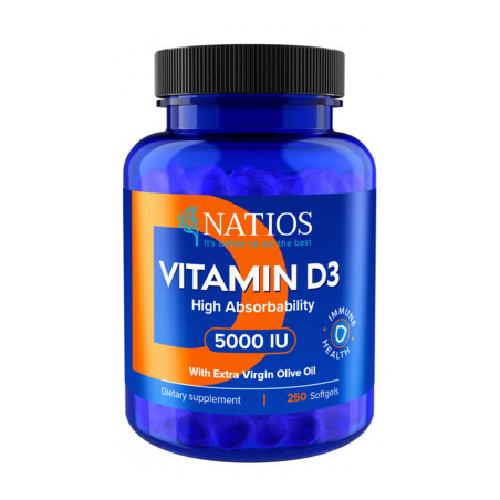 Vitamin D3, Vysoce vstřebatelný, 5000 IU, 250 softgel kapslí