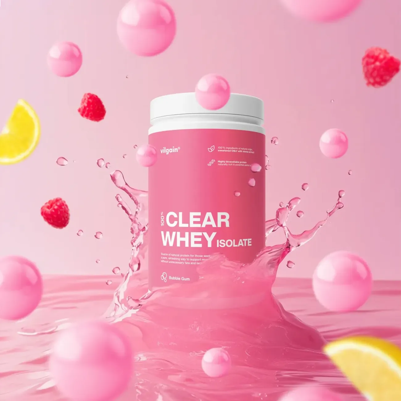 Clear Whey Isolate ⁠–⁠ se svěží ovocnou chutí, slazen stévií, s více než 84 % bílkovin Bubble Gum obal